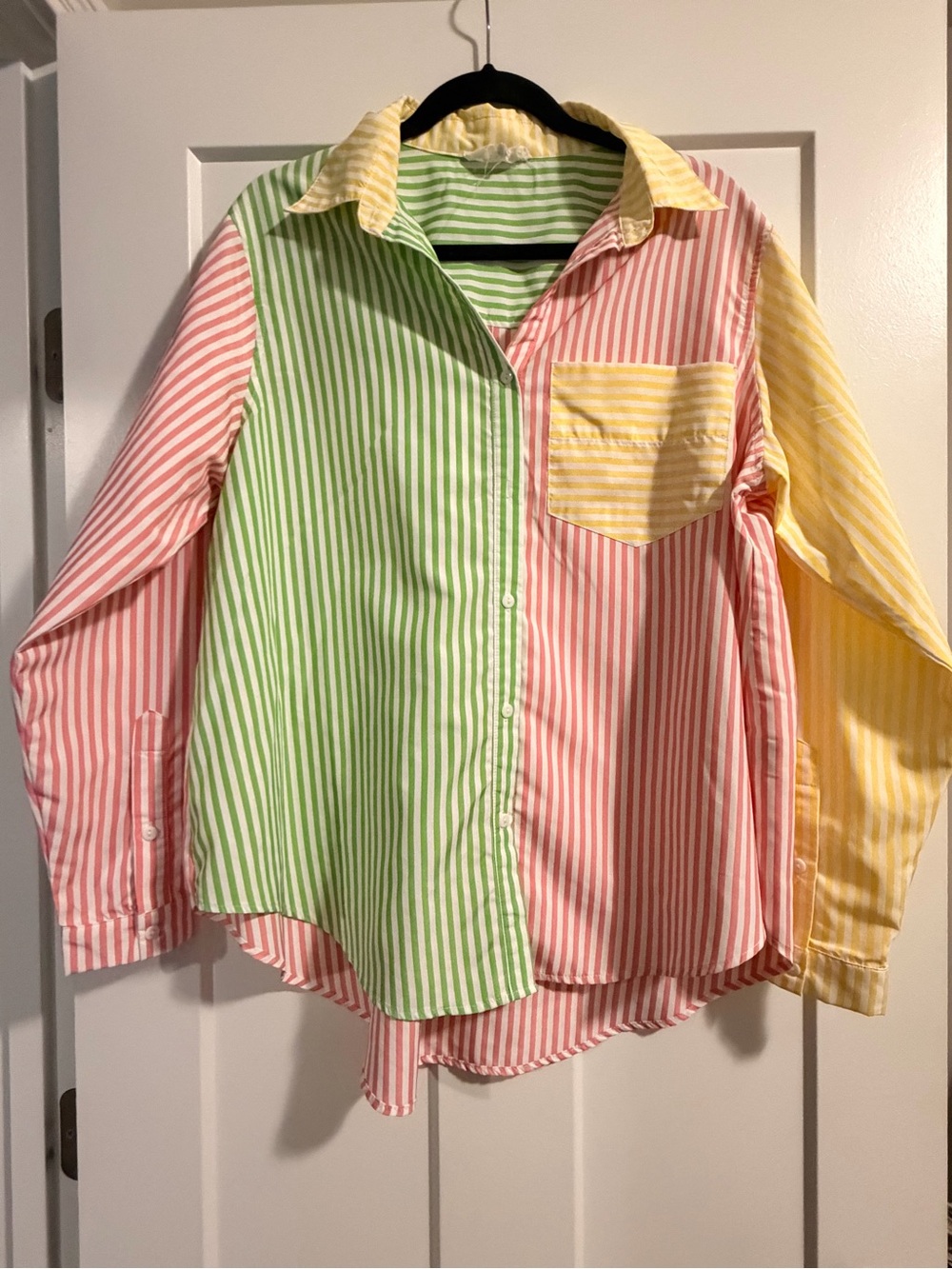 Striped Colorblock Button-Up Shirt in Green, Pink & Yellow